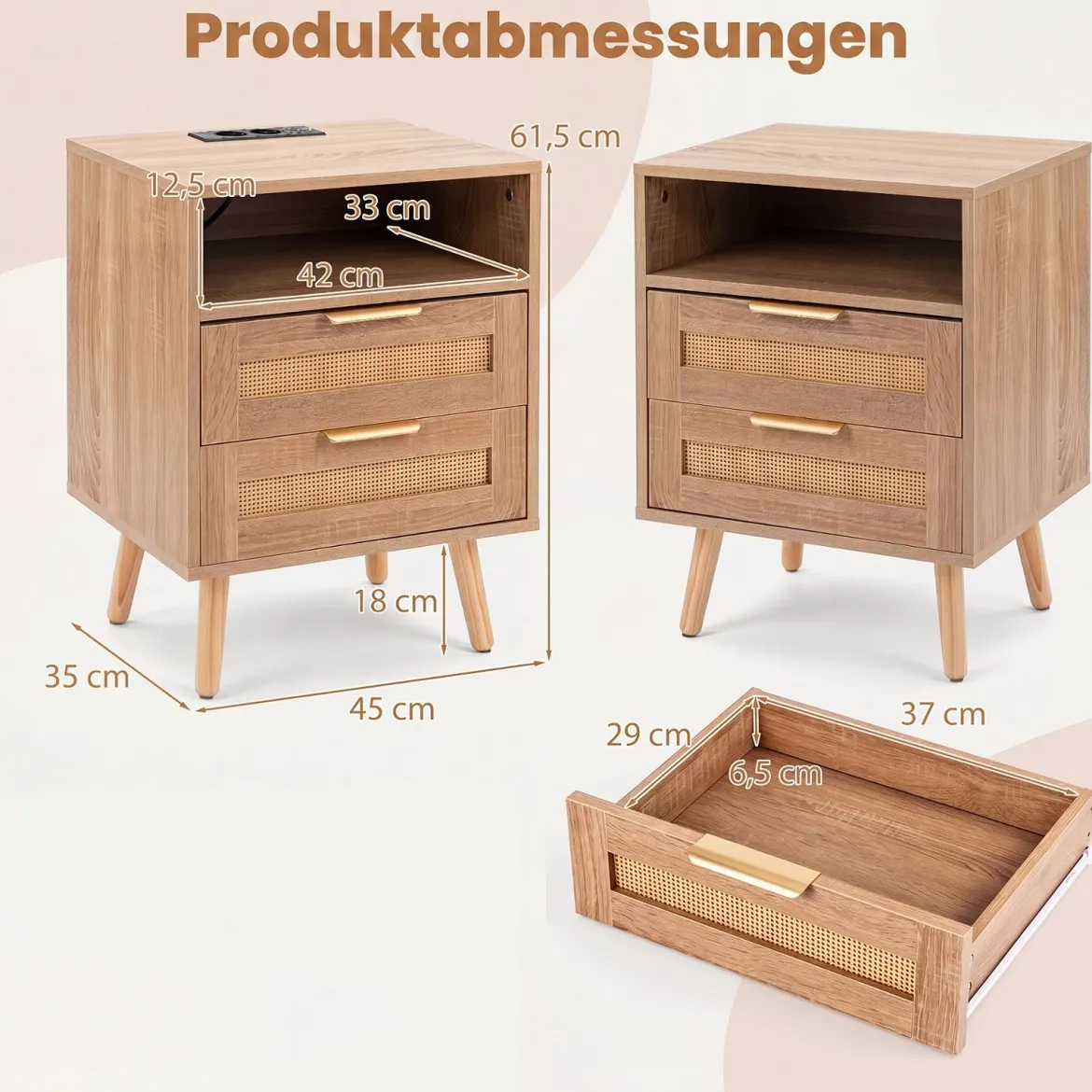 2er Set Nachttisch mit Ladestation (nur 1 Nachttisch mit Ladestation) & LED-Leuchten mit 2 Schubladen Natur