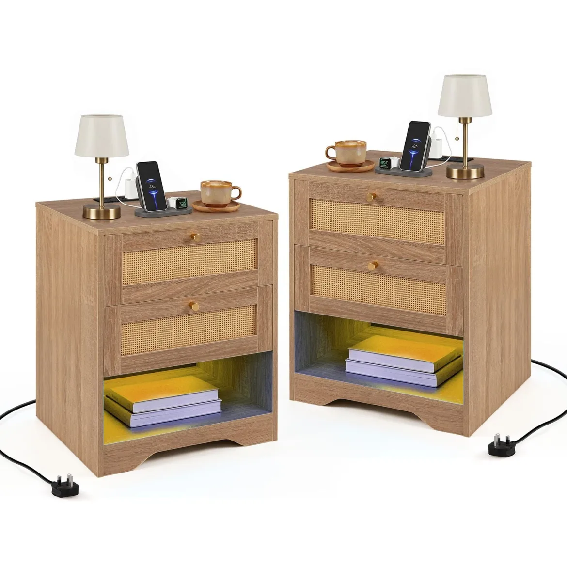 2er Set Nachttisch mit LED-Lichtern und Ladestation Beistelltisch Ratten mit Offenem Fach