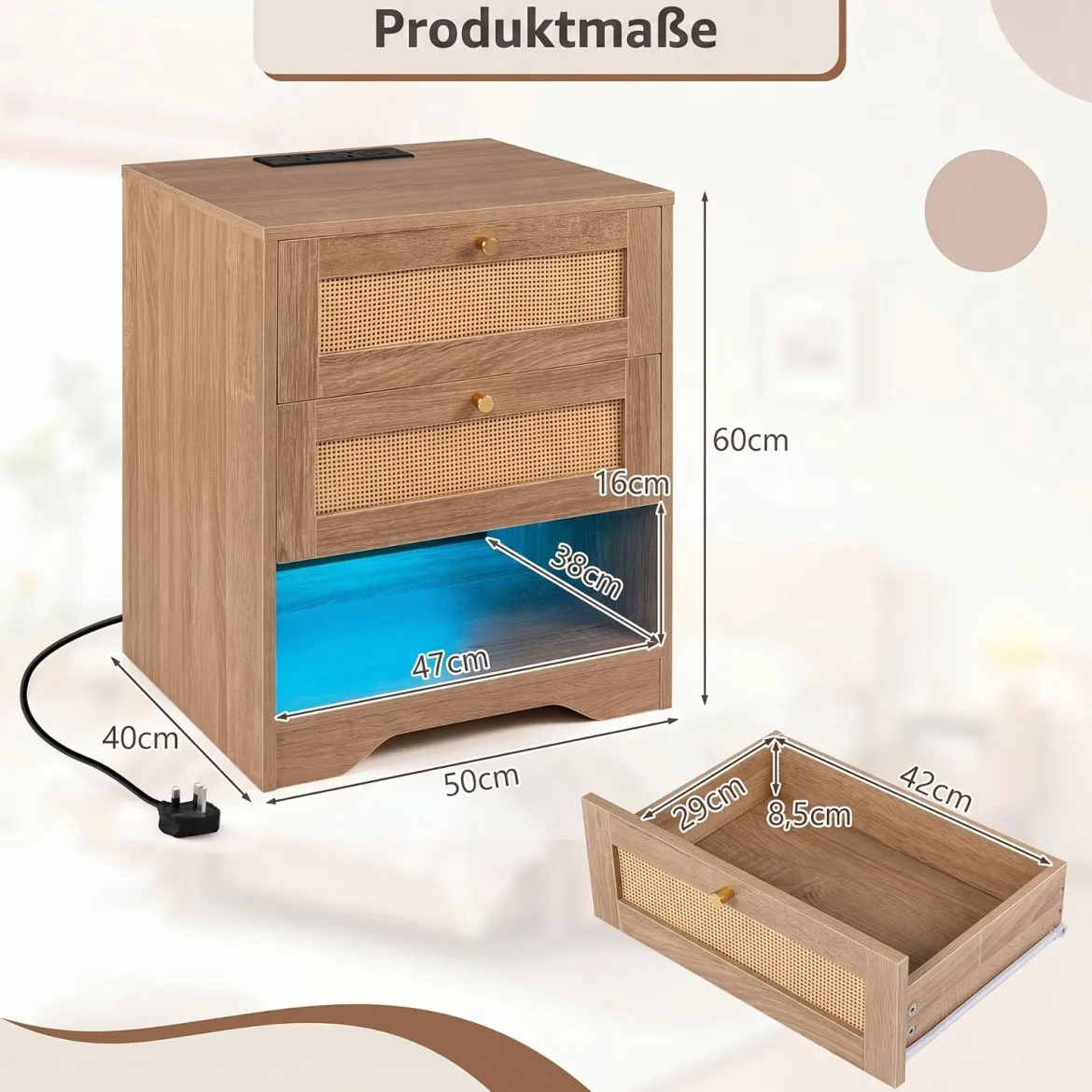 2er Set Nachttisch mit LED-Lichtern und Ladestation Beistelltisch Ratten mit Offenem Fach