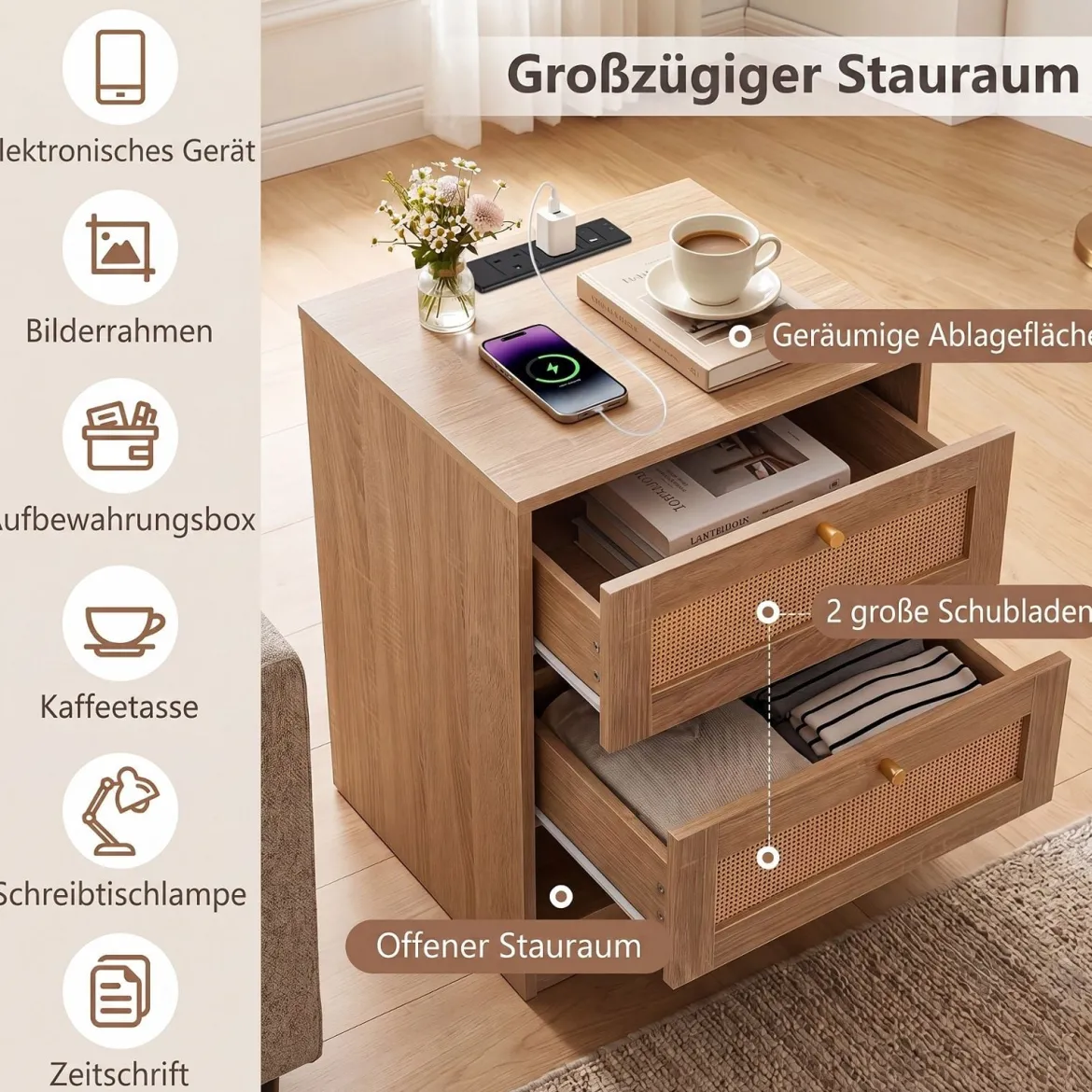 2er Set Nachttisch mit LED-Lichtern und Ladestation Beistelltisch Ratten mit Offenem Fach