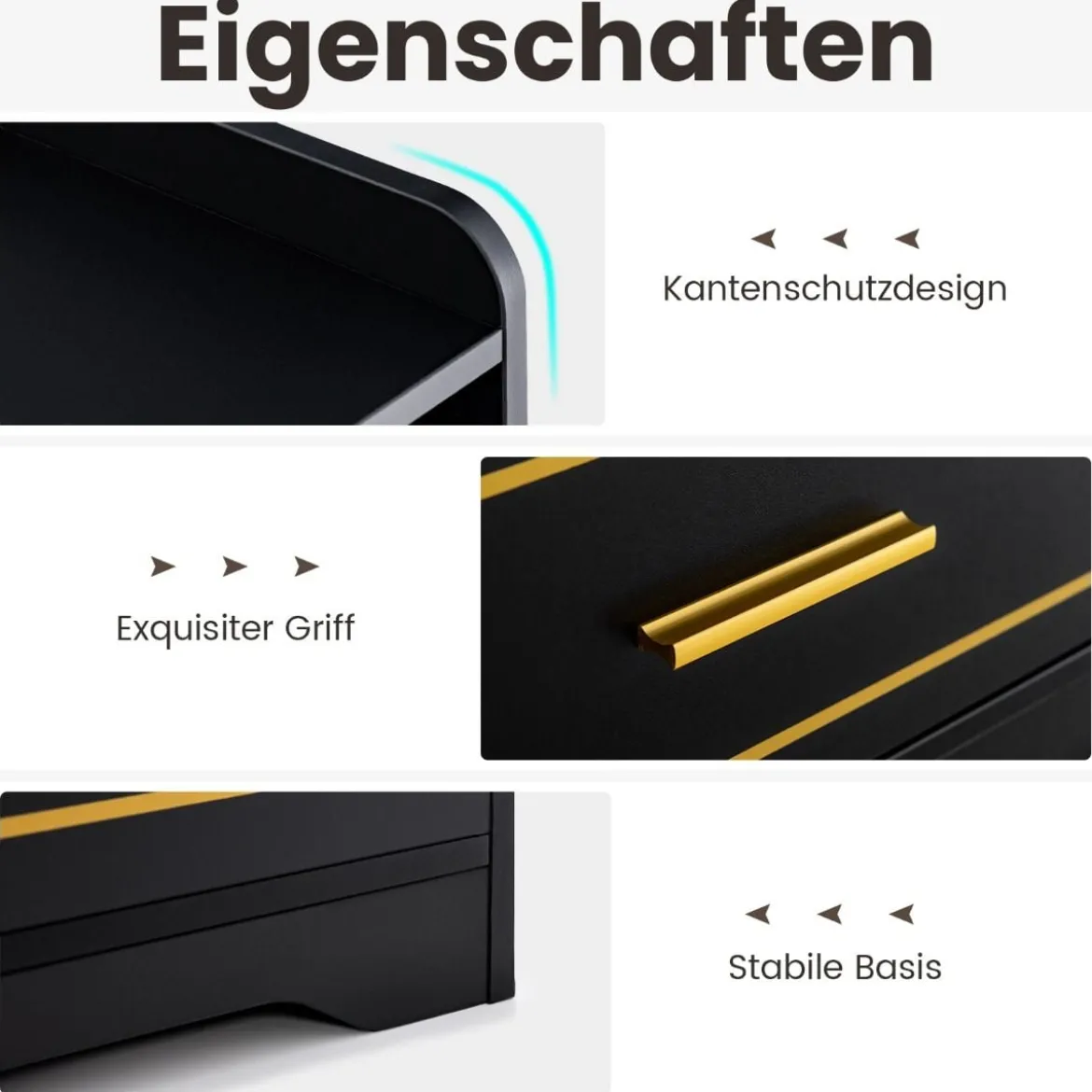 2er Set Nachttisch mit LED Licht USB-Anschluss und Typ-C-Ladestation Nachtschrank mit Bewegungssensor Schwarz