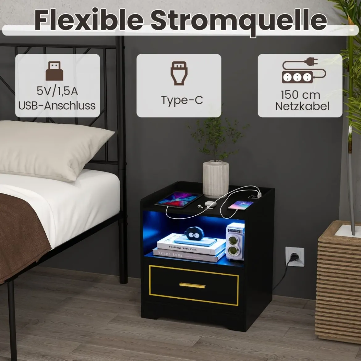 2er Set Nachttisch mit LED Licht USB-Anschluss und Typ-C-Ladestation Nachtschrank mit Bewegungssensor Schwarz