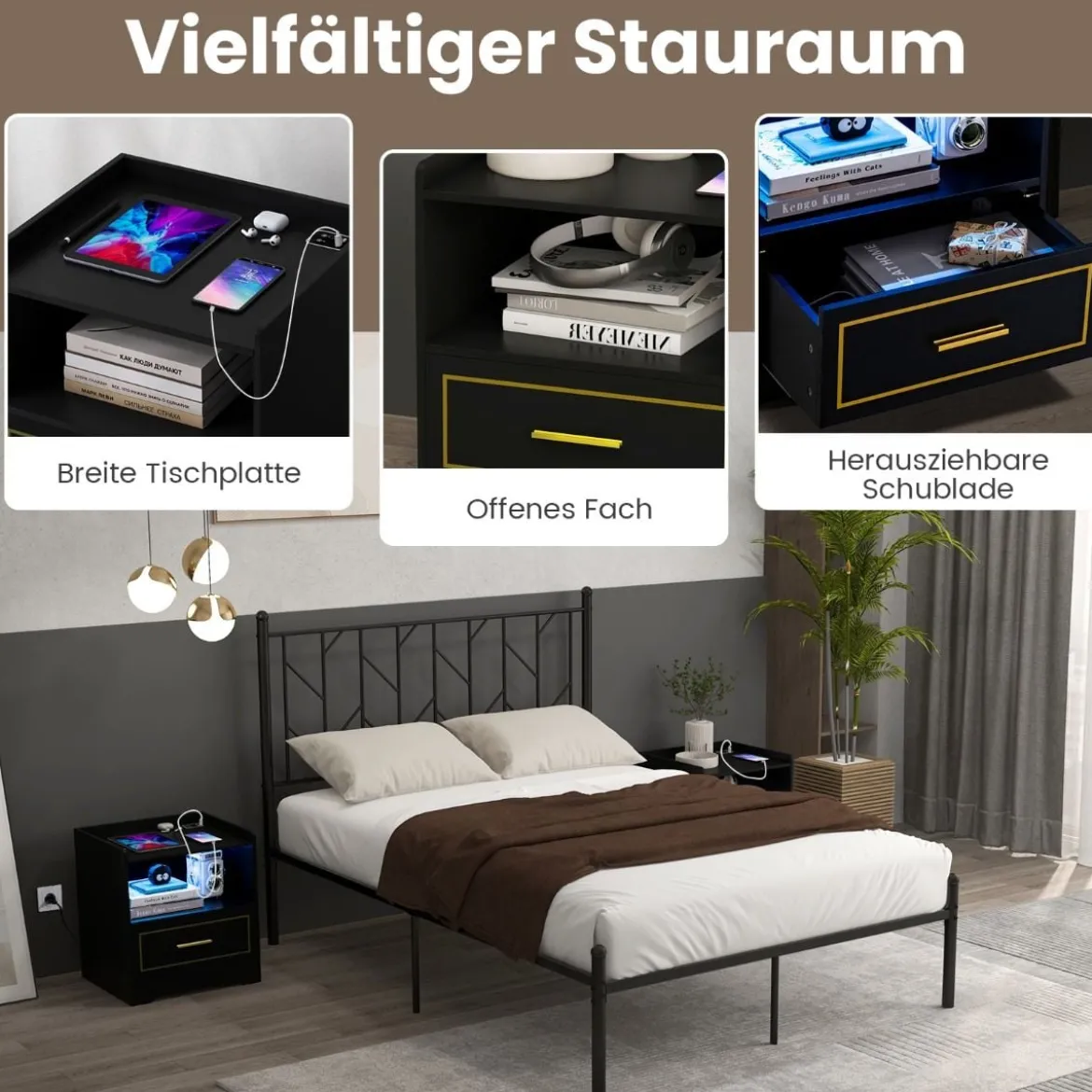 2er Set Nachttisch mit LED Licht USB-Anschluss und Typ-C-Ladestation Nachtschrank mit Bewegungssensor Schwarz