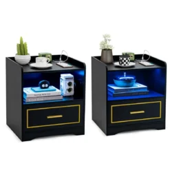 2er Set Nachttisch mit LED Licht USB-Anschluss und Typ-C-Ladestation Nachtschrank mit Bewegungssensor Schwarz