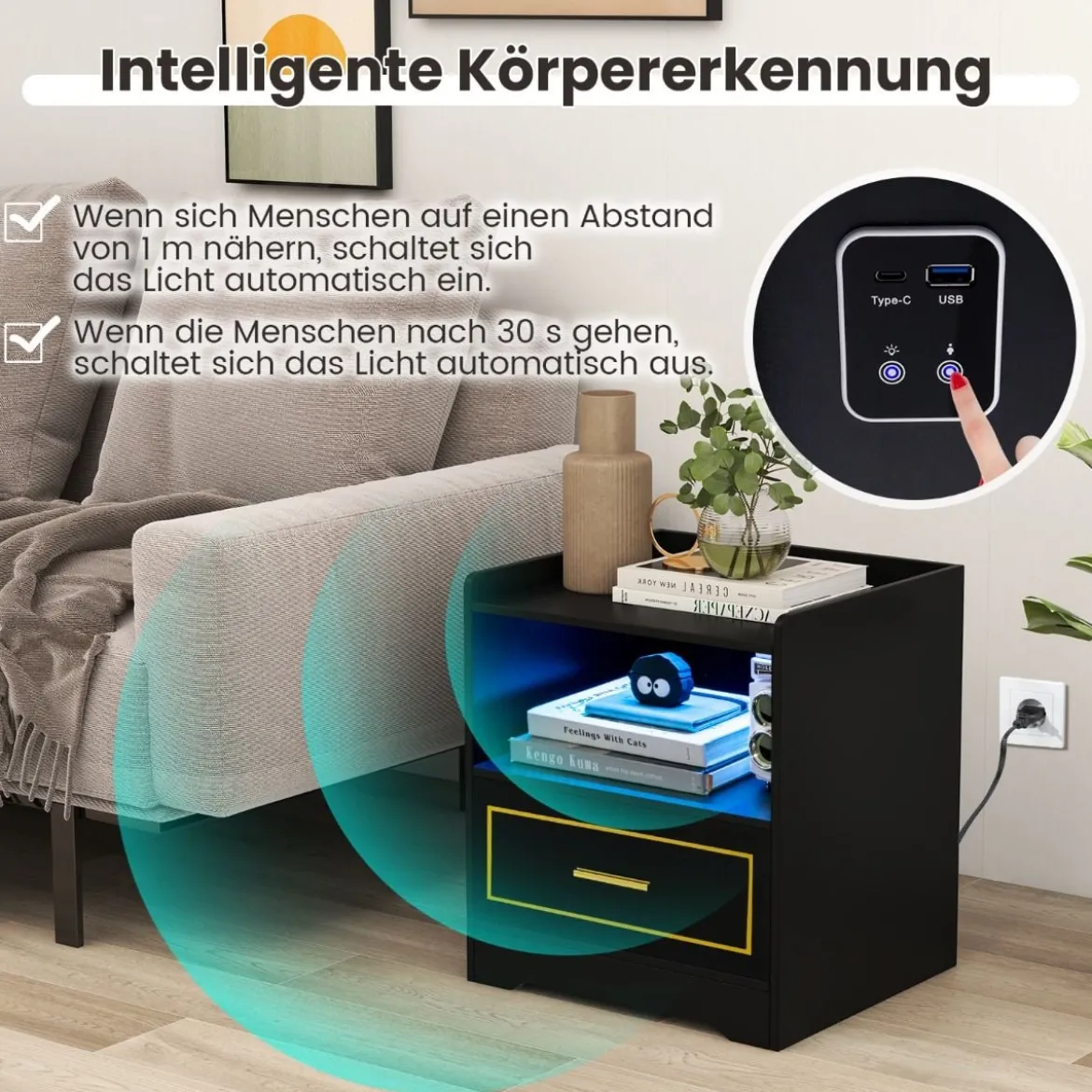 2er Set Nachttisch mit LED Licht USB-Anschluss und Typ-C-Ladestation Nachtschrank mit Bewegungssensor Schwarz