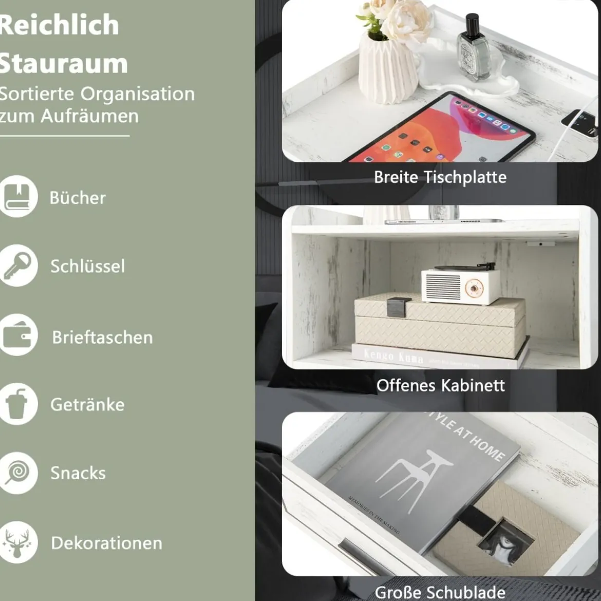 2er Set Nachttisch mit LED Licht USB-Anschluss und Typ-C-Ladestation Nachtschrank mit Bewegungssensor Weiß