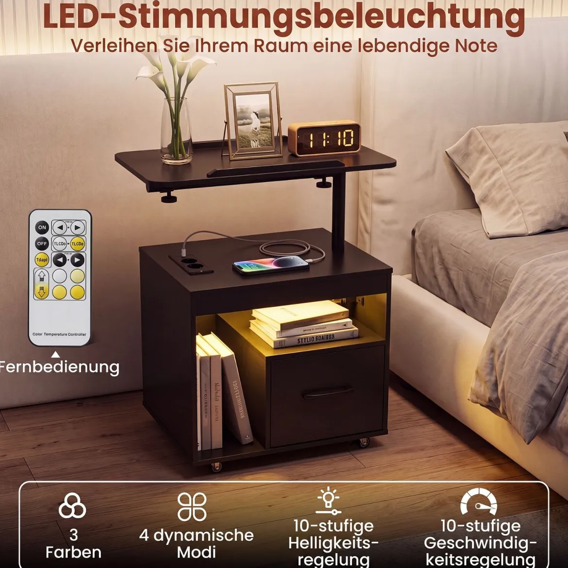 2er Set Nachttisch mit Rollen LED Nachtschrank mit Neigbarer Tischplatte Ladestation & Steckdosen Schwarz