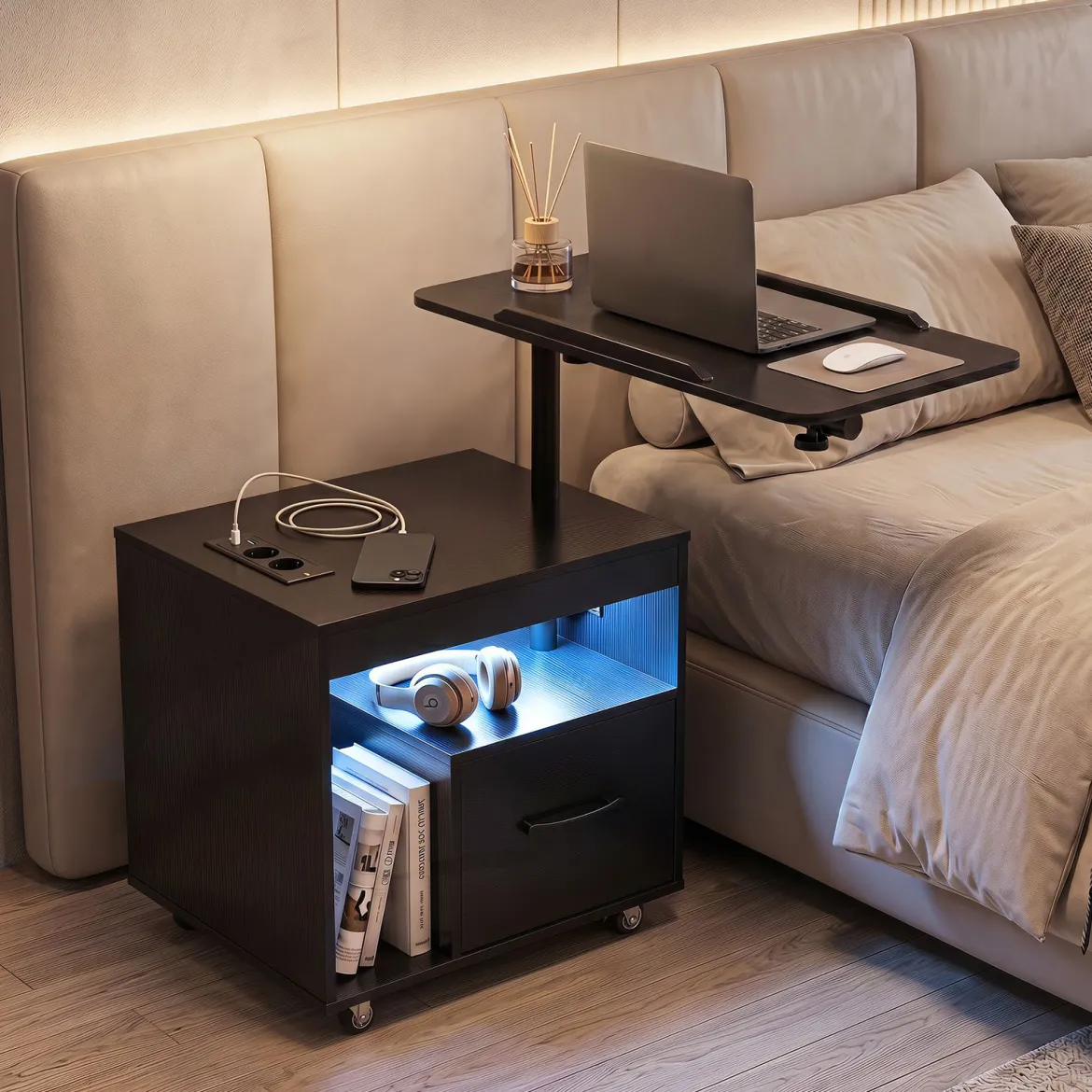 2er Set Nachttisch mit Rollen LED Nachtschrank mit Neigbarer Tischplatte Ladestation & Steckdosen Schwarz