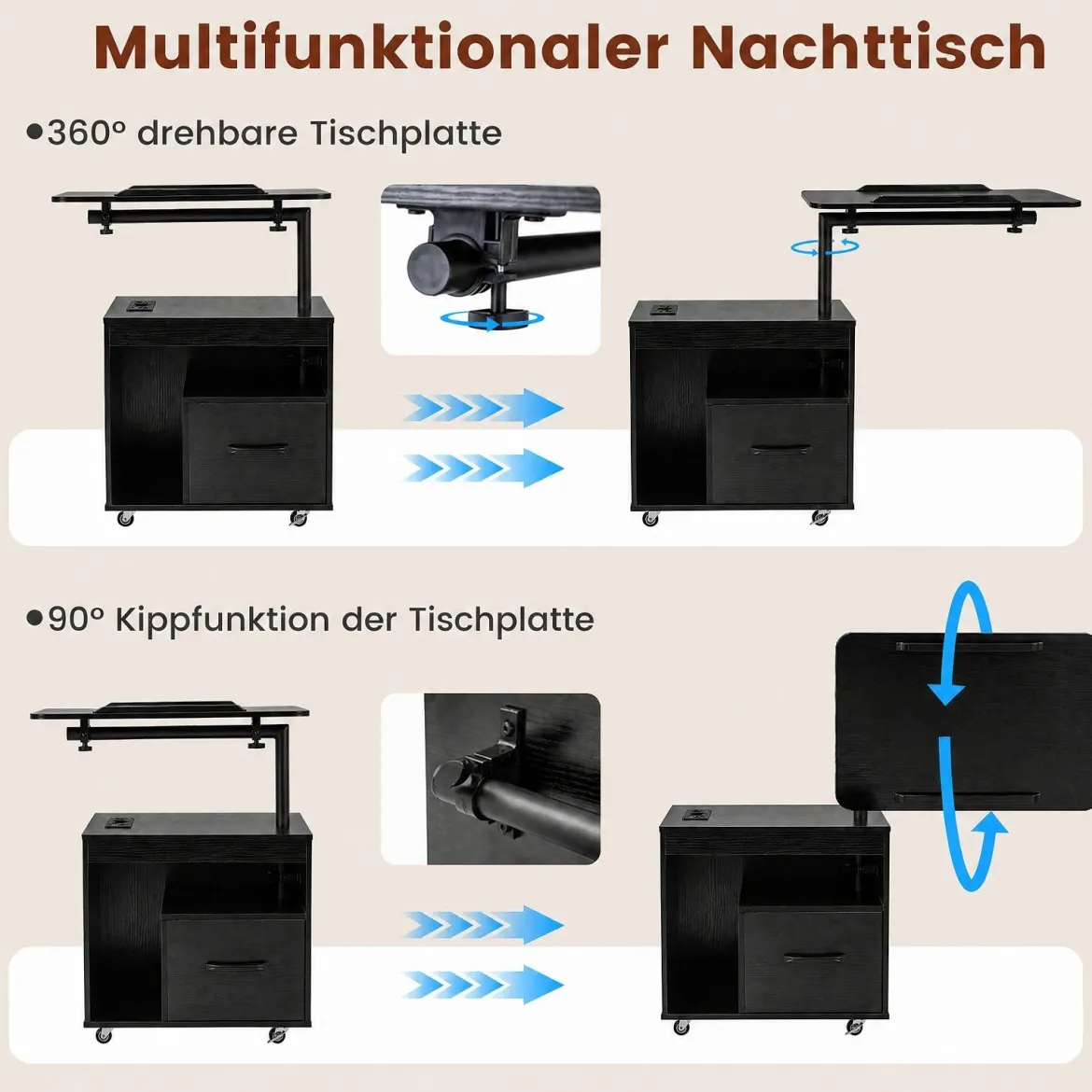 2er Set Nachttisch mit Rollen LED Nachtschrank mit Neigbarer Tischplatte Ladestation & Steckdosen Schwarz