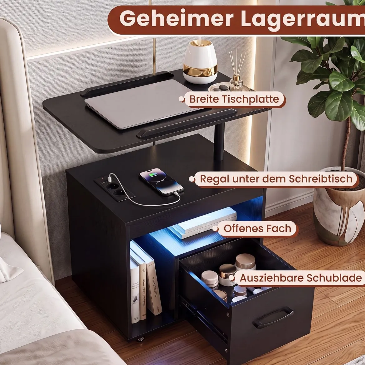 2er Set Nachttisch mit Rollen LED Nachtschrank mit Neigbarer Tischplatte Ladestation & Steckdosen Schwarz