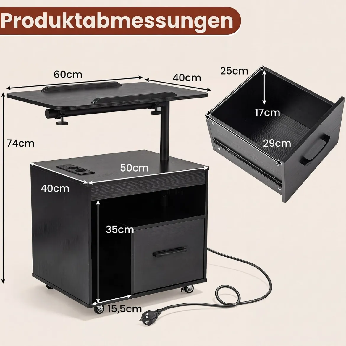 2er Set Nachttisch mit Rollen LED Nachtschrank mit Neigbarer Tischplatte Ladestation & Steckdosen Schwarz