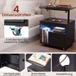 2er Set Nachttisch mit Rollen LED Nachtschrank mit Neigbarer Tischplatte Ladestation & Steckdosen Schwarz