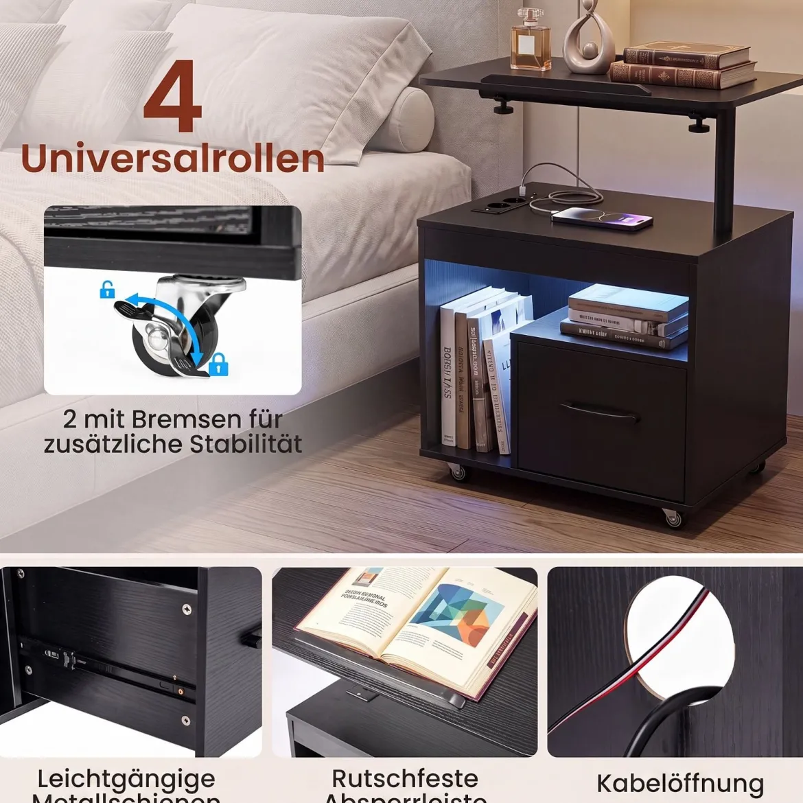 2er Set Nachttisch mit Rollen LED Nachtschrank mit Neigbarer Tischplatte Ladestation & Steckdosen Schwarz
