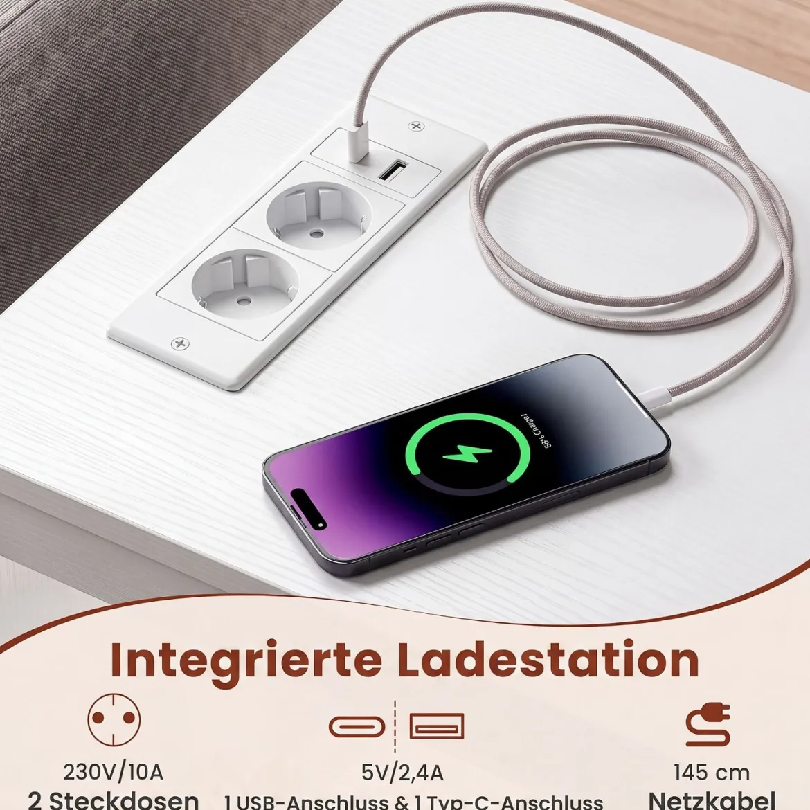 2er Set Nachttisch mit Rollen LED Nachtschrank mit Neigbarer Tischplatte Ladestation & Steckdosen Weiß