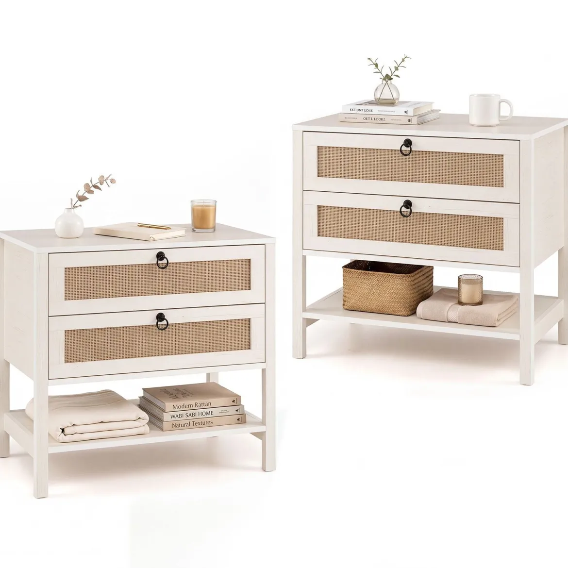 2er Set Nachttisch mit 2 Schubladen Offenem Regal & Rattan-Fronten 68 x 40 x 65 cm Weiß