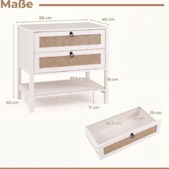 2er Set Nachttisch mit 2 Schubladen Offenem Regal & Rattan-Fronten 68 x 40 x 65 cm Weiß
