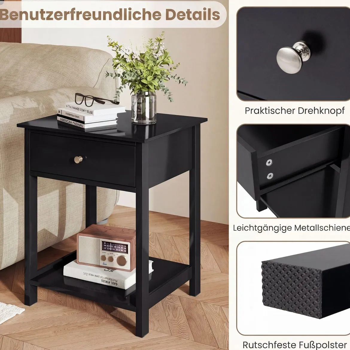 2er Set Nachttisch mit Schublade & Offenem Regal Beistelltisch Nachtschrank Nachtkonsole Schwarz