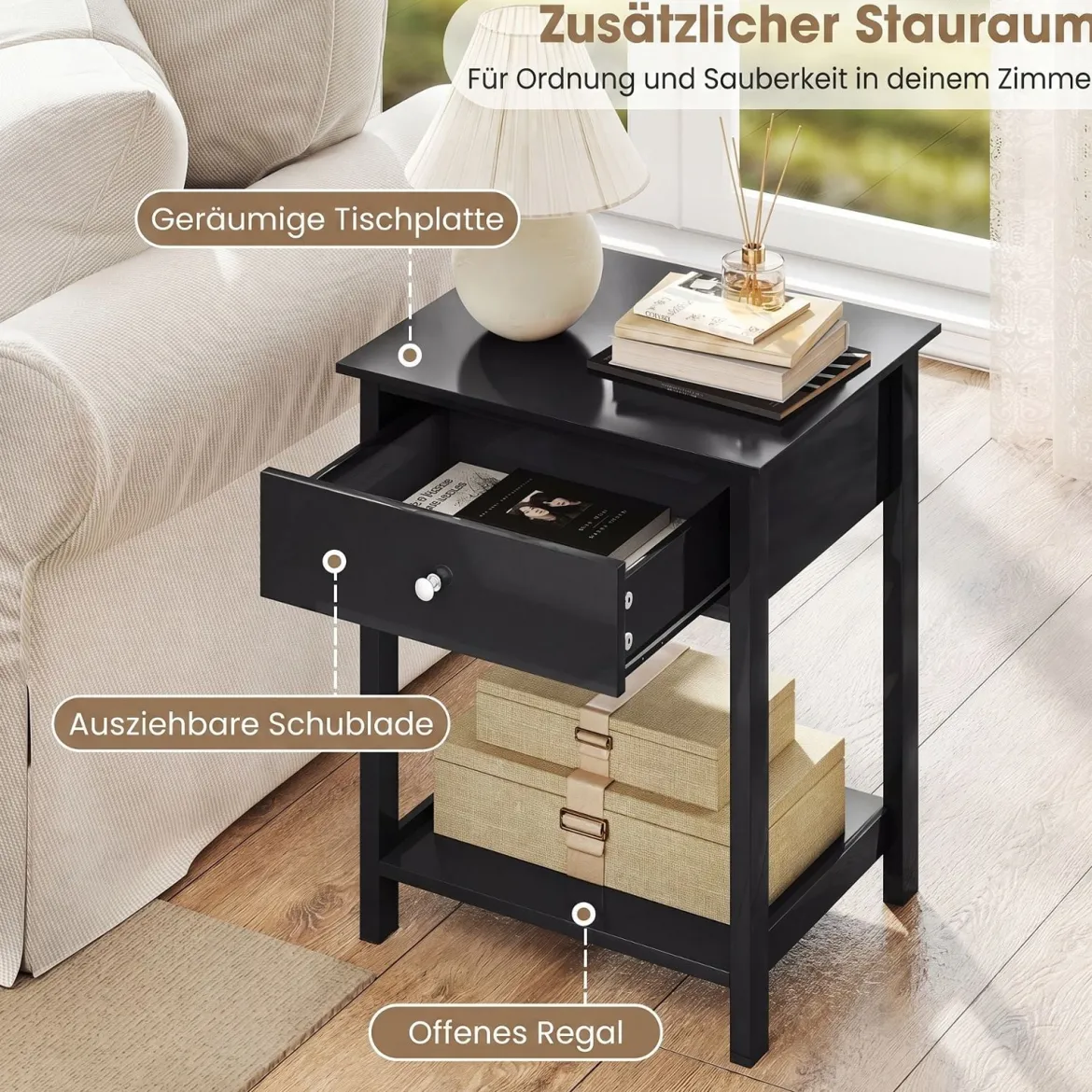 2er Set Nachttisch mit Schublade & Offenem Regal Beistelltisch Nachtschrank Nachtkonsole Schwarz
