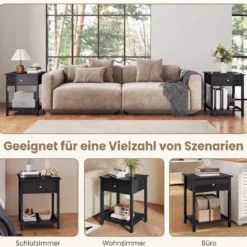 2er Set Nachttisch mit Schublade & Offenem Regal Beistelltisch Nachtschrank Nachtkonsole Schwarz