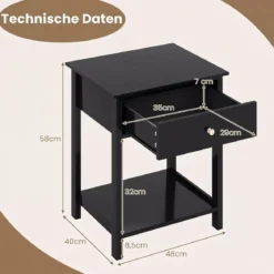 2er Set Nachttisch mit Schublade & Offenem Regal Beistelltisch Nachtschrank Nachtkonsole Schwarz