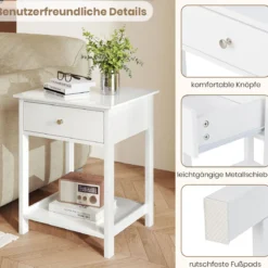 2er Set Nachttisch mit Schublade & Offenem Regal Beistelltisch Nachtschrank Nachtkonsole Weiß