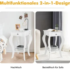 2er Set Nachttisch mit Schublade & Ablage Moderner Beistelltisch Nachtkommode Weiß