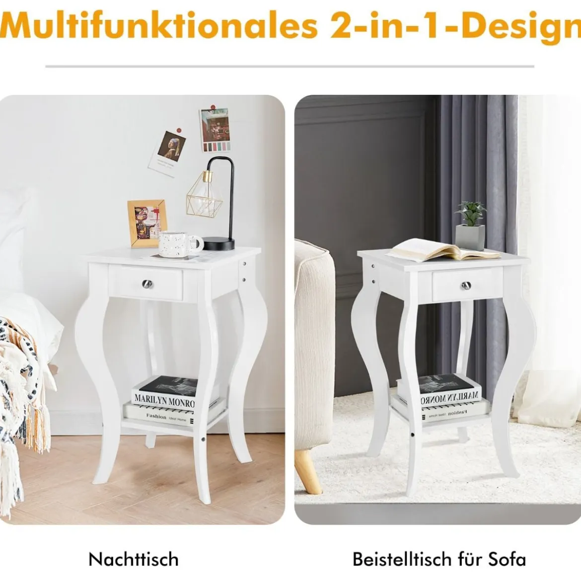 2er Set Nachttisch mit Schublade & Ablage Moderner Beistelltisch Nachtkommode Weiß