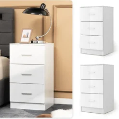 2er Set Nachttisch mit 3 Schubladen Nachtschrank 37,1 x 34,2 x 66,5 cm Weiß