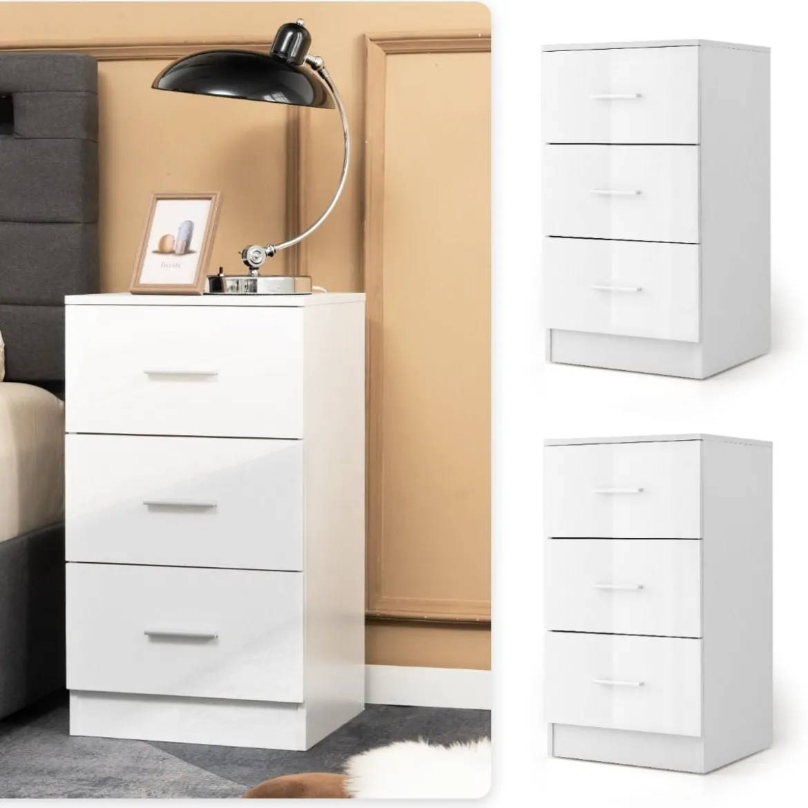 2er Set Nachttisch mit 3 Schubladen Nachtschrank 37,1 x 34,2 x 66,5 cm Weiß