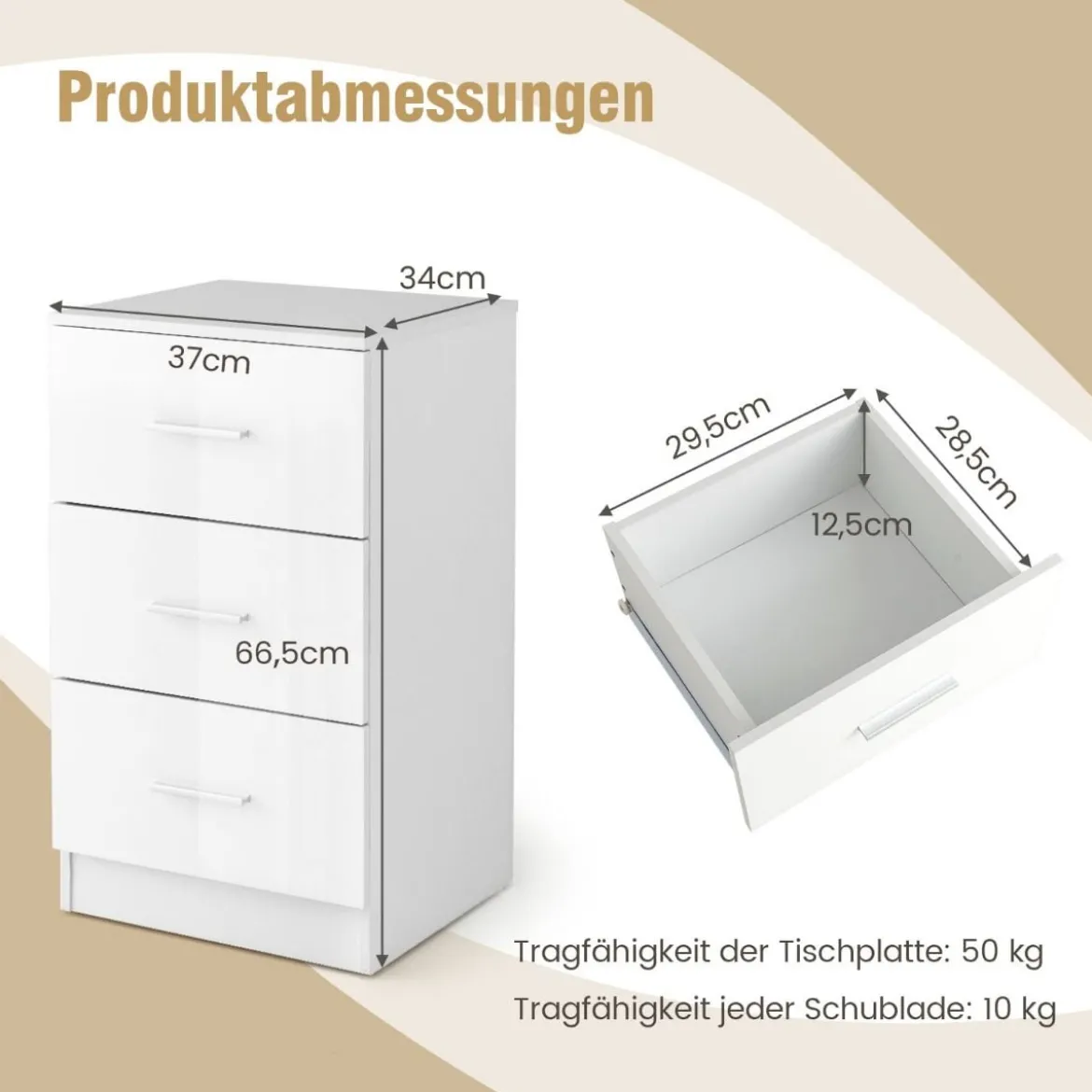 2er Set Nachttisch mit 3 Schubladen Nachtschrank 37,1 x 34,2 x 66,5 cm Weiß