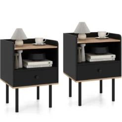 2er Set Nachttisch Nachttisch mit Schublade & offenem Ablagefach moderner Sofatisch mit Metallbeinen Schwarz