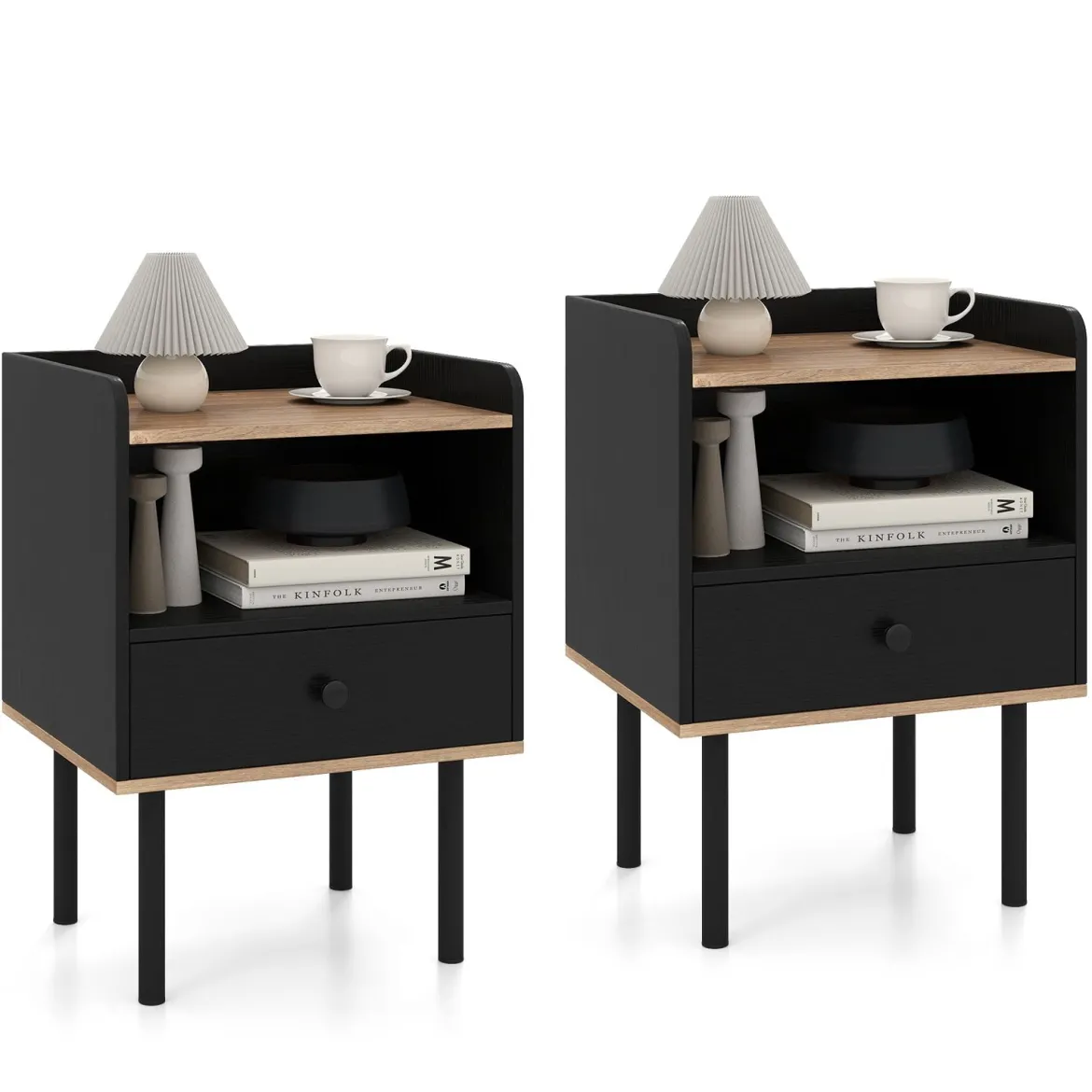 2er Set Nachttisch Nachttisch mit Schublade & offenem Ablagefach moderner Sofatisch mit Metallbeinen Schwarz