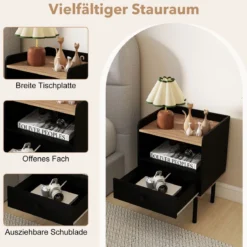 2er Set Nachttisch Nachttisch mit Schublade & offenem Ablagefach moderner Sofatisch mit Metallbeinen Schwarz
