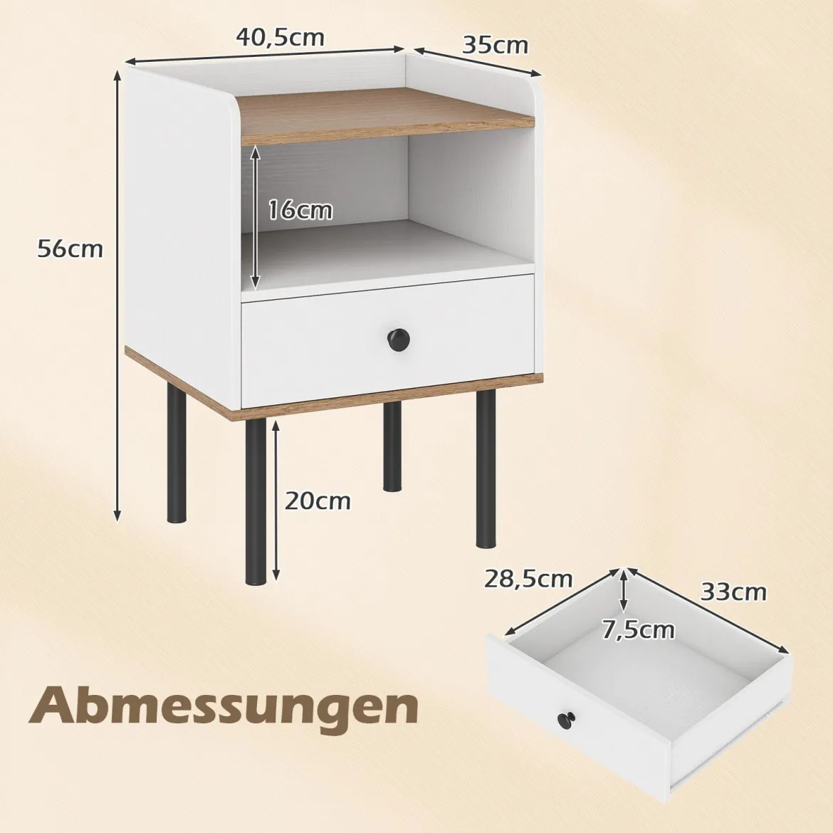 2er Set Nachttisch Nachttisch mit Schublade & offenem Ablagefach moderner Sofatisch mit Metallbeinen Weiß