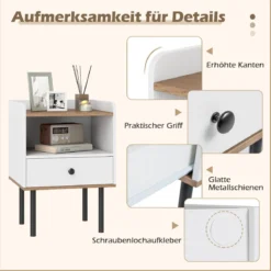 2er Set Nachttisch Nachttisch mit Schublade & offenem Ablagefach moderner Sofatisch mit Metallbeinen Weiß