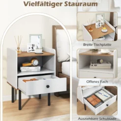 2er Set Nachttisch Nachttisch mit Schublade & offenem Ablagefach moderner Sofatisch mit Metallbeinen Weiß