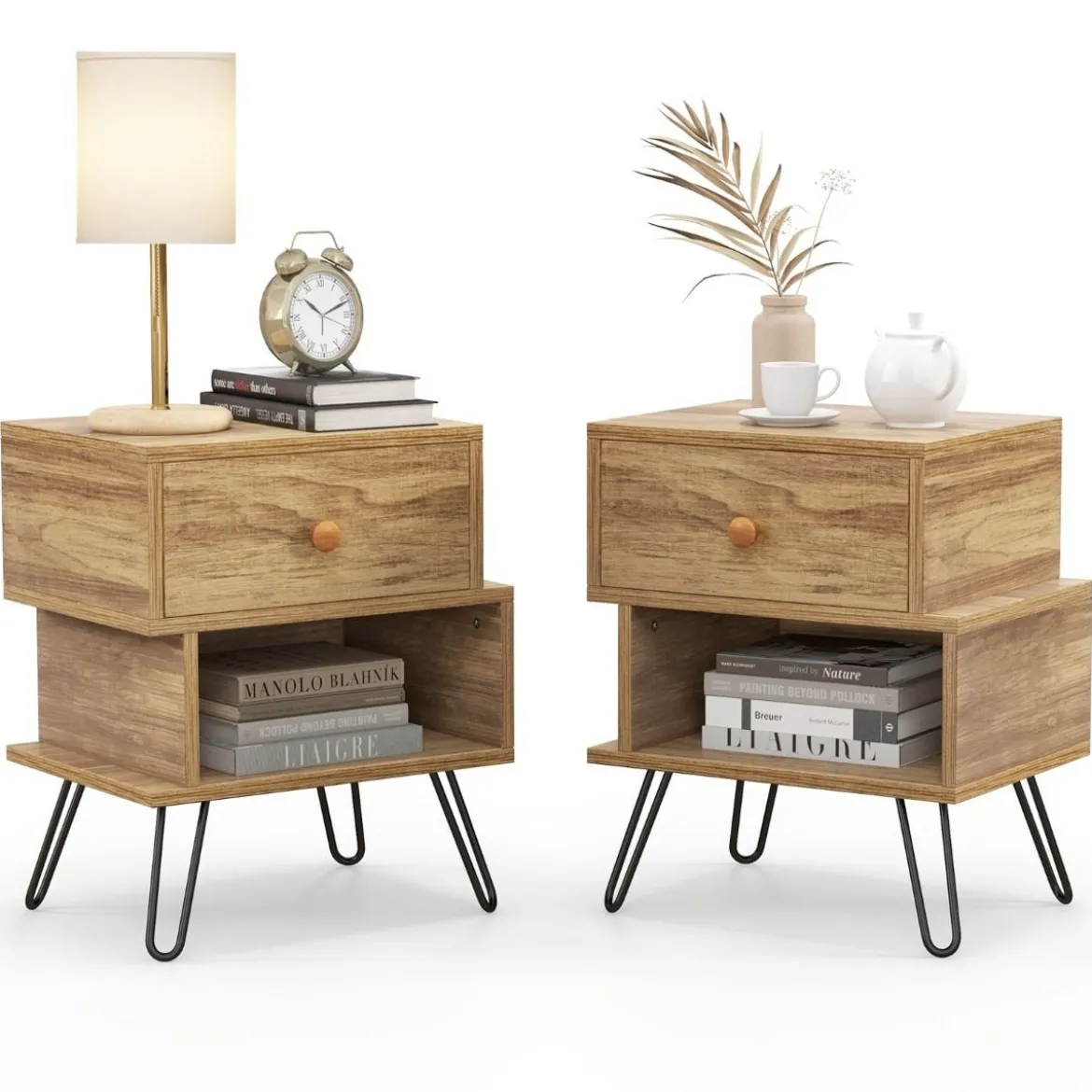 2er Set Nachttisch Set aus 2 Beistelltischen Holz multifunktionaler Natur