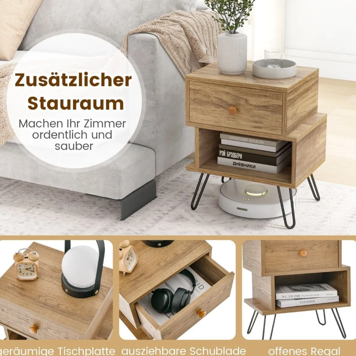 2er Set Nachttisch Set aus 2 Beistelltischen Holz multifunktionaler Natur