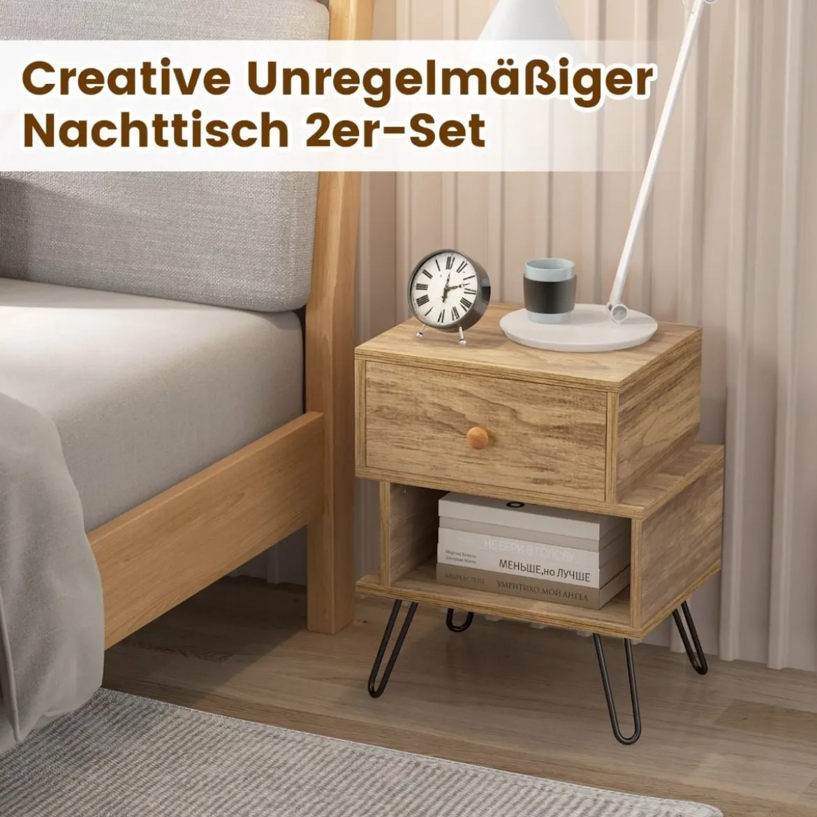 2er Set Nachttisch Set aus 2 Beistelltischen Holz multifunktionaler Natur