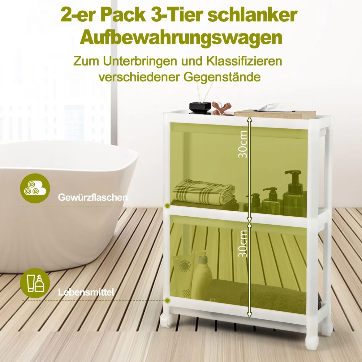 2er Set Nischenregal Schmal 3 Ebenen Rollwagen Weiß 53 x 17,5 x 70 cm