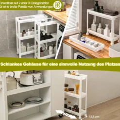 2er Set Nischenregal Schmal 3 Ebenen Rollwagen Weiß 53 x 17,5 x 70 cm