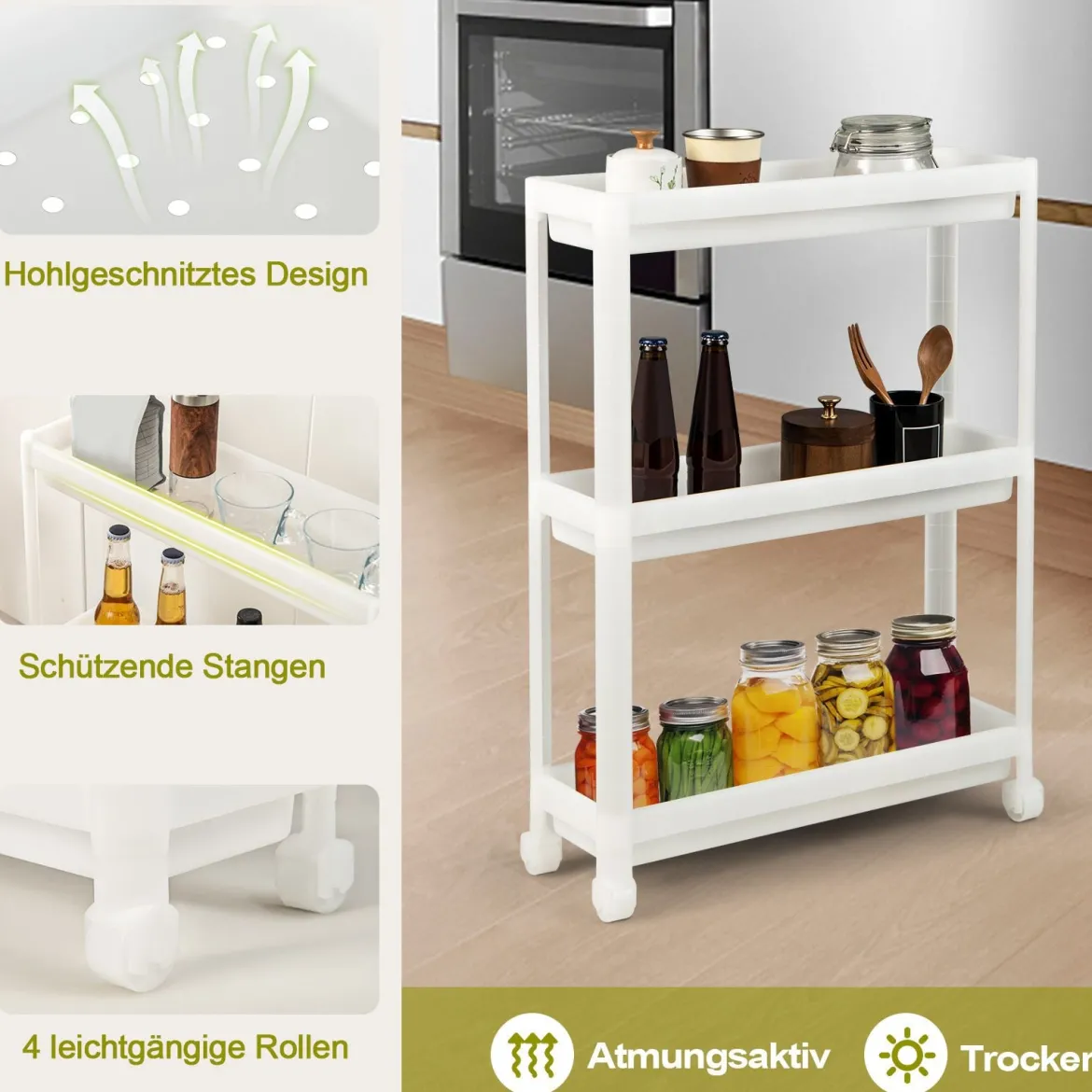 2er Set Nischenregal Schmal 3 Ebenen Rollwagen Weiß 53 x 17,5 x 70 cm