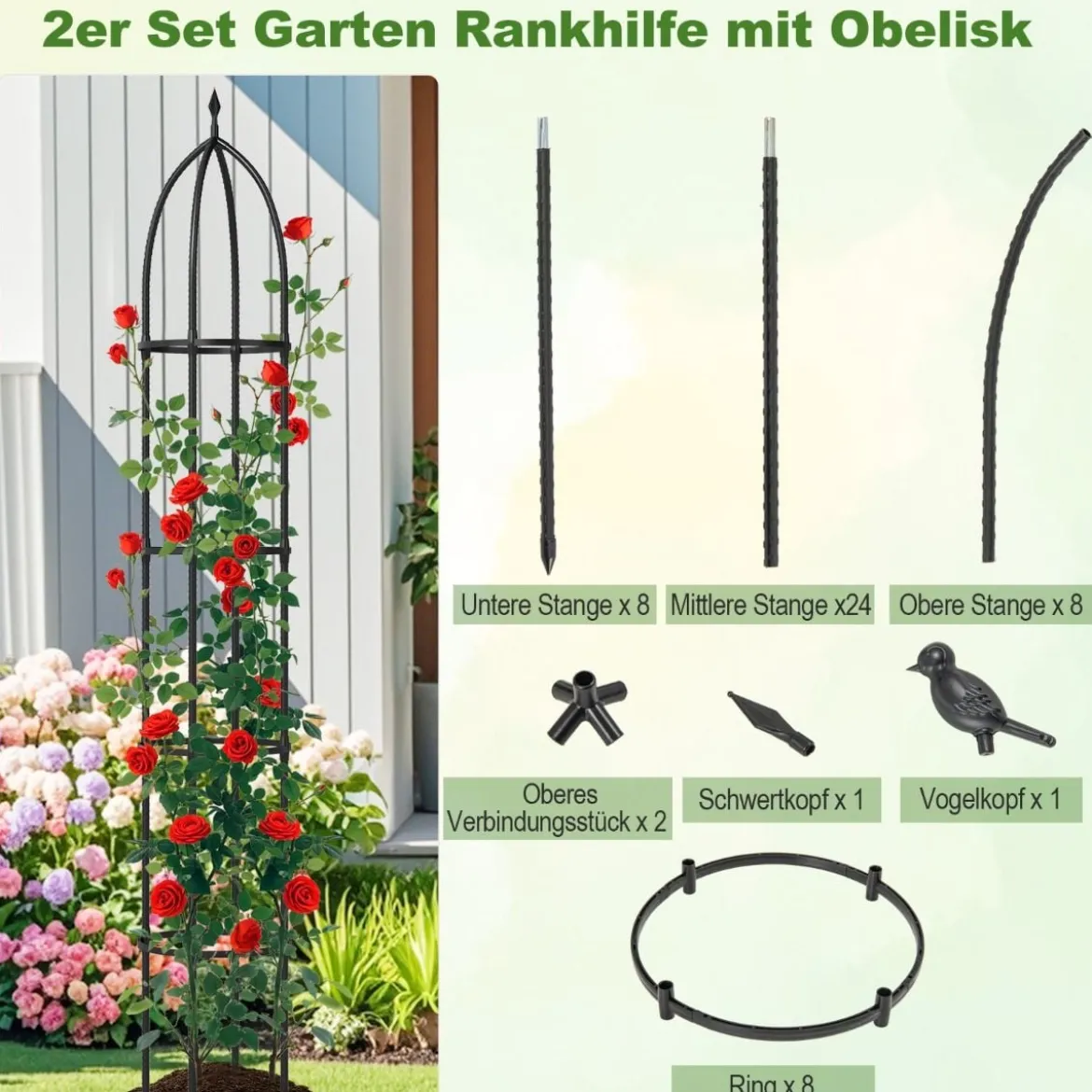 2er Set Obelisk Rankhilfe aus Beschichtetes Metall mit 4 Köpfe & 4 Verstellbare Höhe Rankgitter