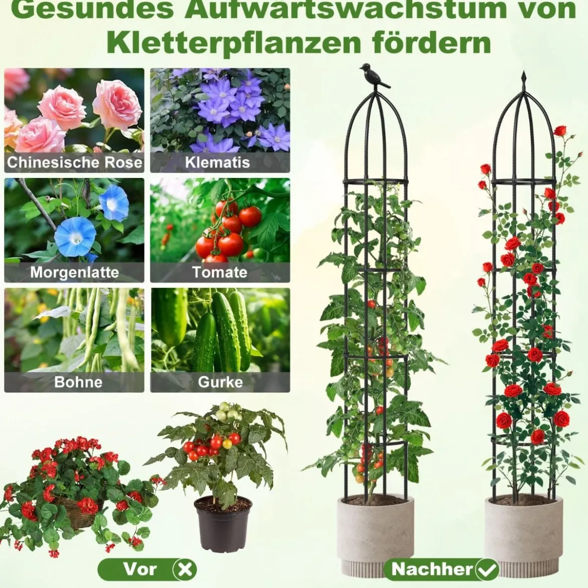 2er Set Obelisk Rankhilfe aus Beschichtetes Metall mit 4 Köpfe & 4 Verstellbare Höhe Rankgitter