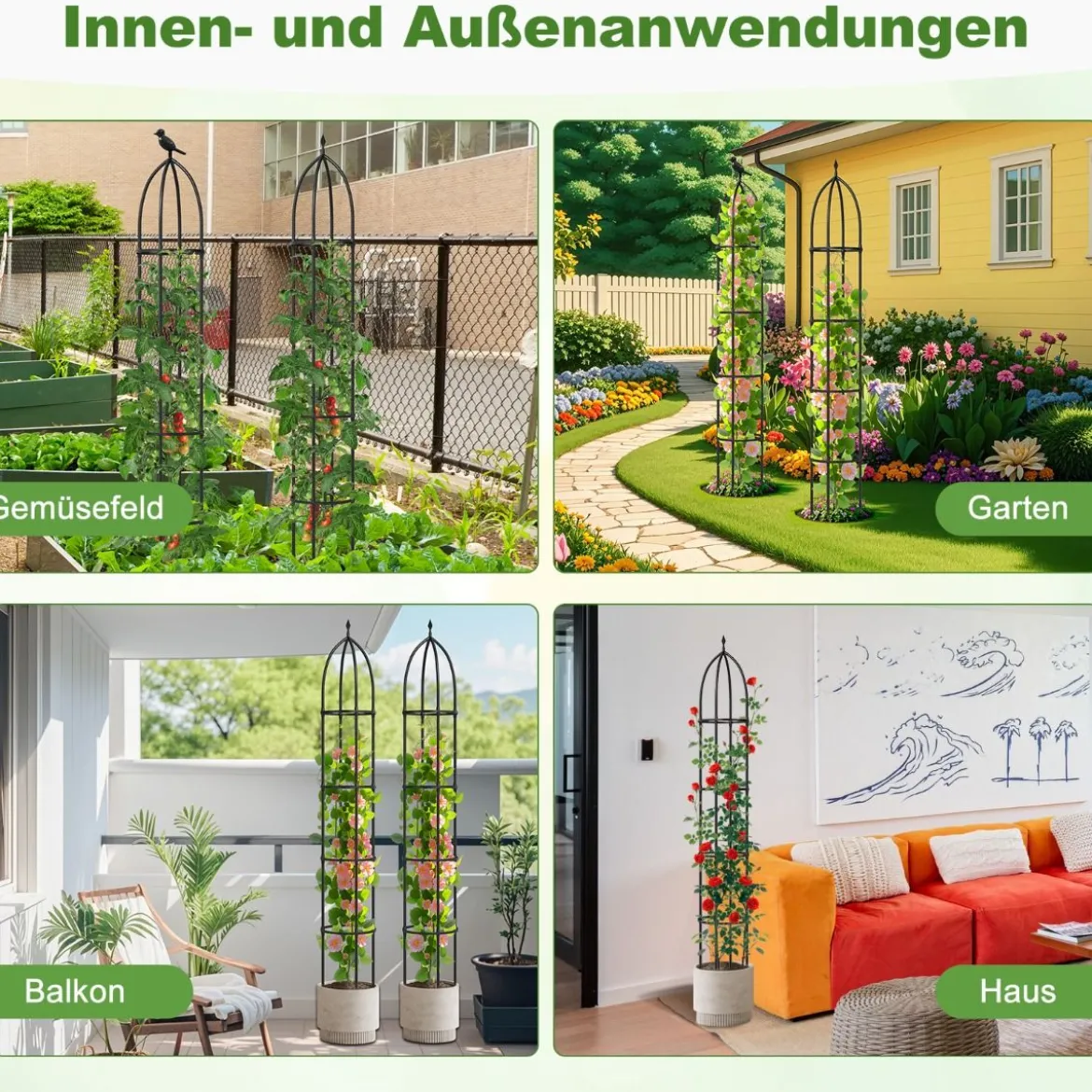 2er Set Obelisk Rankhilfe aus Beschichtetes Metall mit 4 Köpfe & 4 Verstellbare Höhe Rankgitter