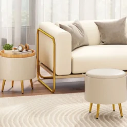2er Set Ottomane mit Stauraum Kunstleder Rund Fußhocker mit klappbaren Tabletts Beige