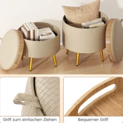 2er Set Ottomane mit Stauraum Kunstleder Rund Fußhocker mit klappbaren Tabletts Beige