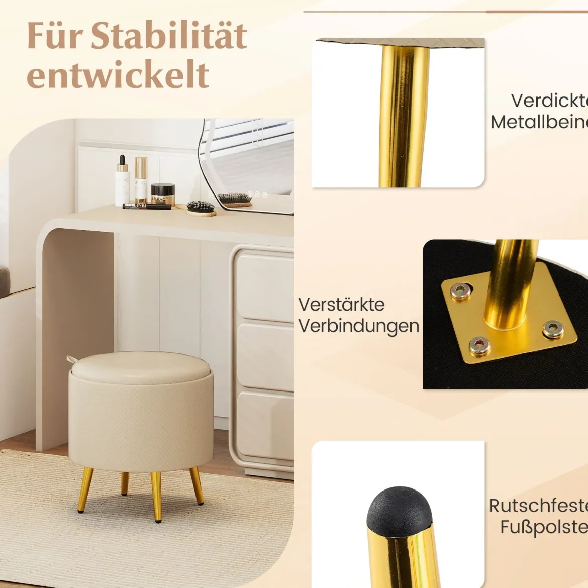 2er Set Ottomane mit Stauraum Kunstleder Rund Fußhocker mit klappbaren Tabletts Beige