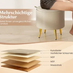 2er Set Ottomane mit Stauraum Kunstleder Rund Fußhocker mit klappbaren Tabletts Beige