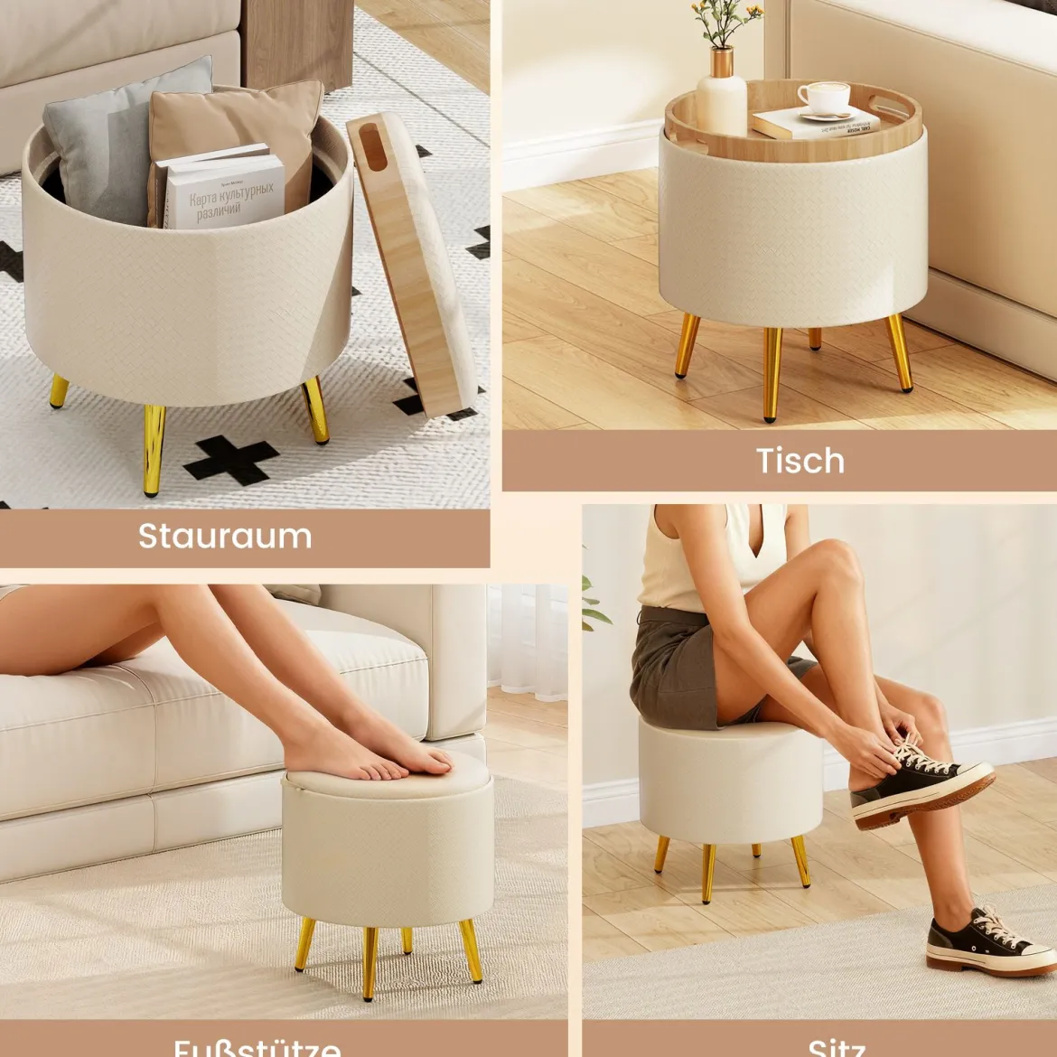 2er Set Ottomane mit Stauraum Kunstleder Rund Fußhocker mit klappbaren Tabletts Beige